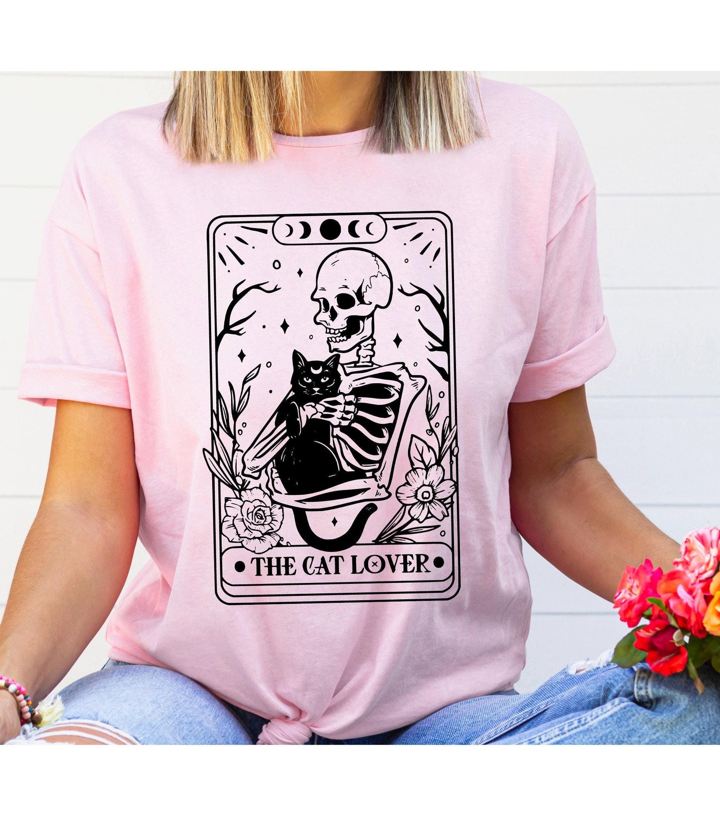 Tarot Card The Cat Lover Skeleton Womens Graphic T-Shirt