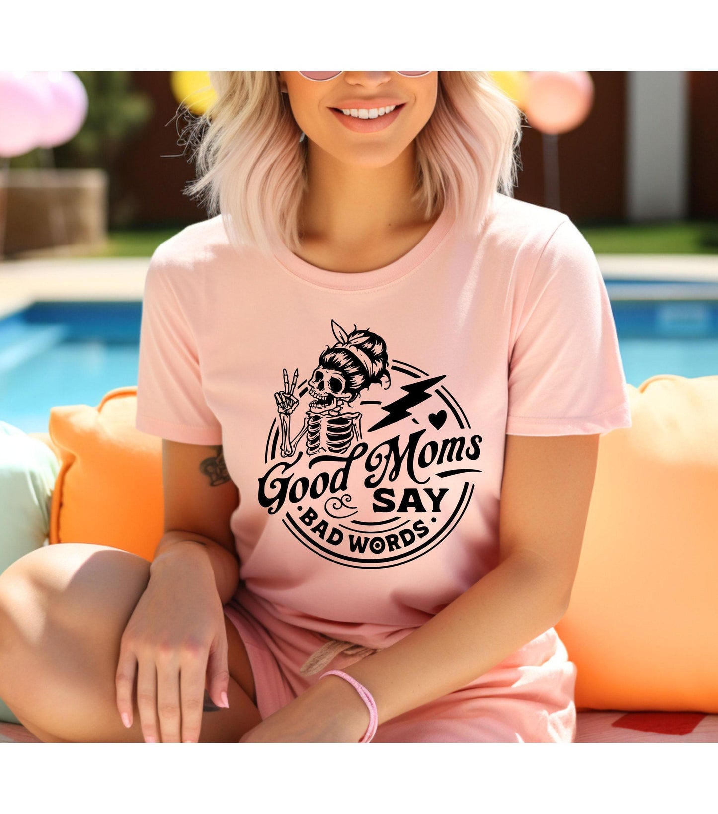 Good Moms Say Bad Words Skeleton Peace Sign Women's Graphic T-Shirt