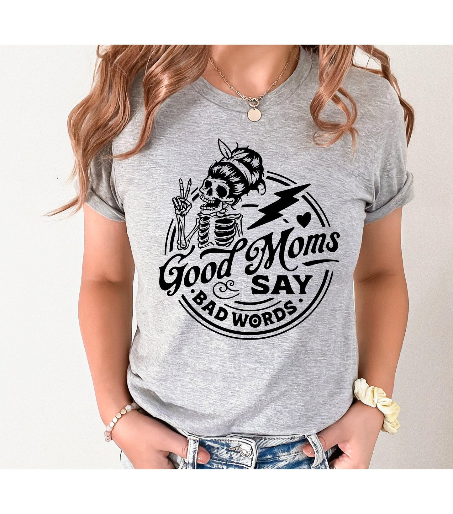 Good Moms Say Bad Words Skeleton Peace Sign Women's Graphic T-Shirt