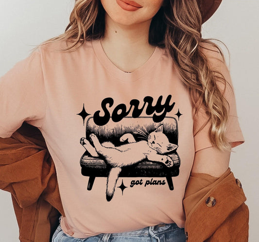 Sorry Got Plans Lazy Cat Graphic T-Shirt