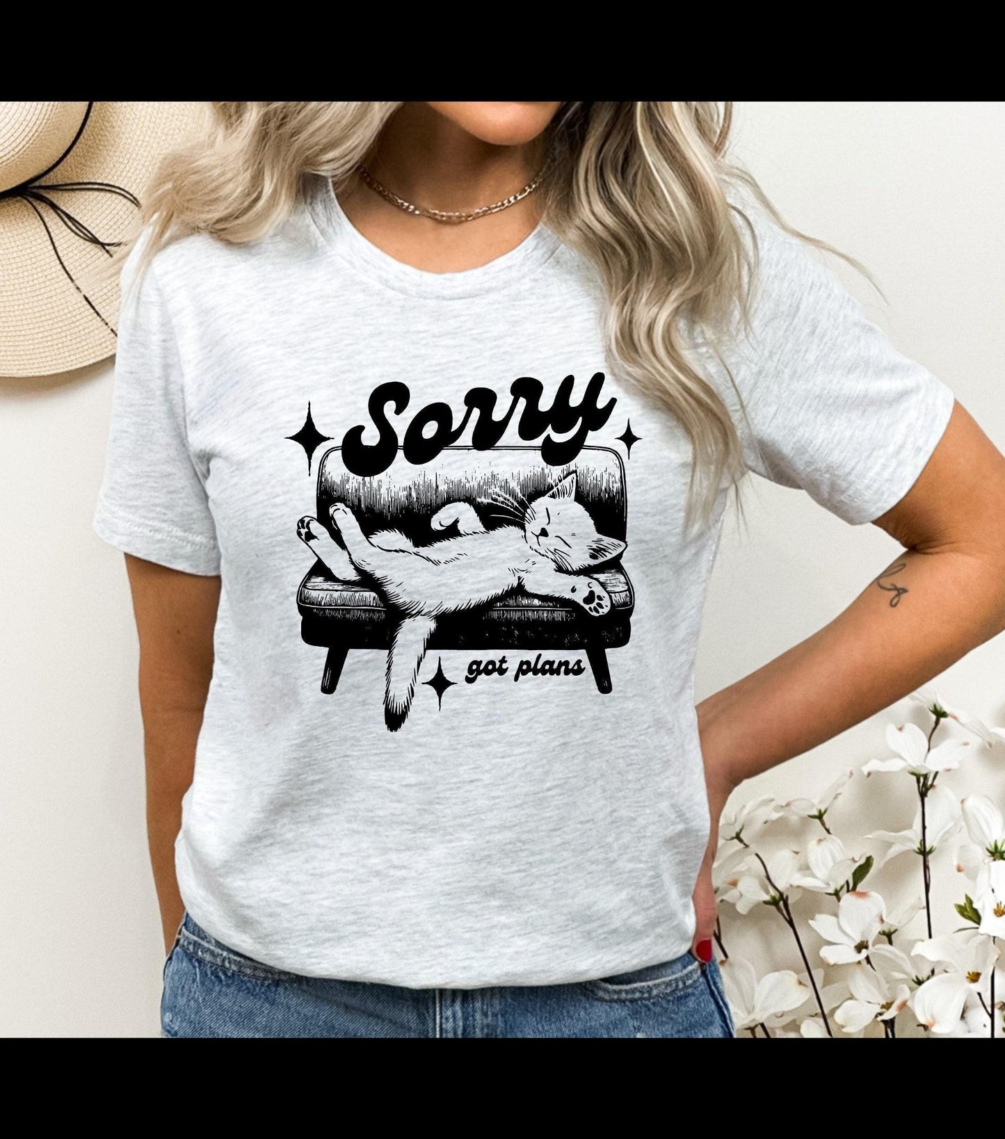 Sorry Got Plans Lazy Cat Graphic T-Shirt