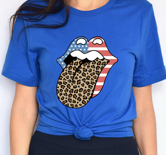 Leopard Print Tongue Red White And Blue American Flag July 4th Graphic T-Shirt