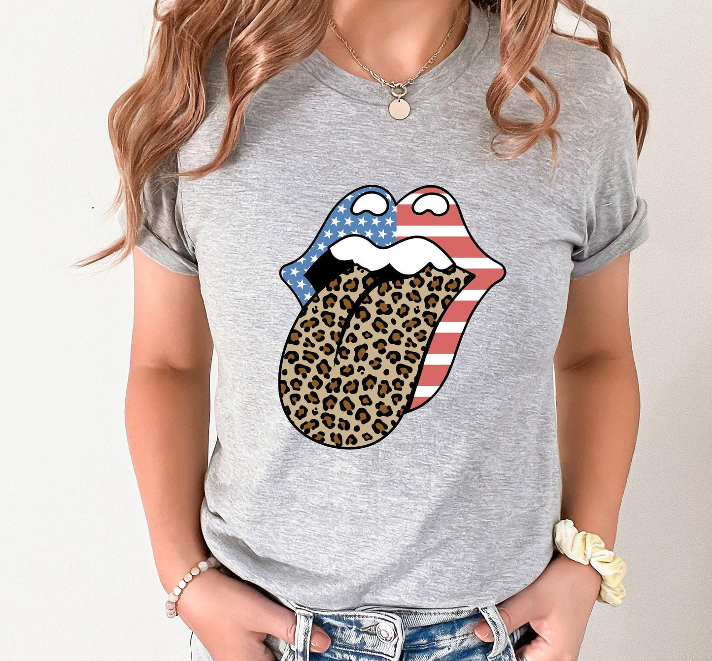 Leopard Print Tongue Red White And Blue American Flag July 4th Graphic T-Shirt