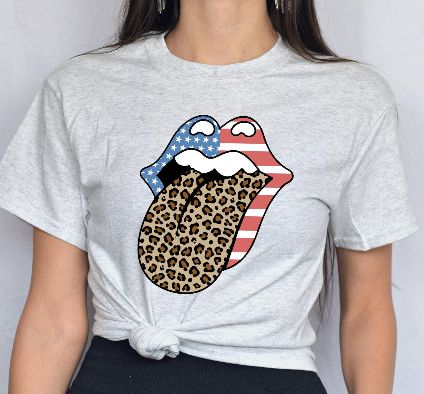 Leopard Print Tongue Red White And Blue American Flag July 4th Graphic T-Shirt