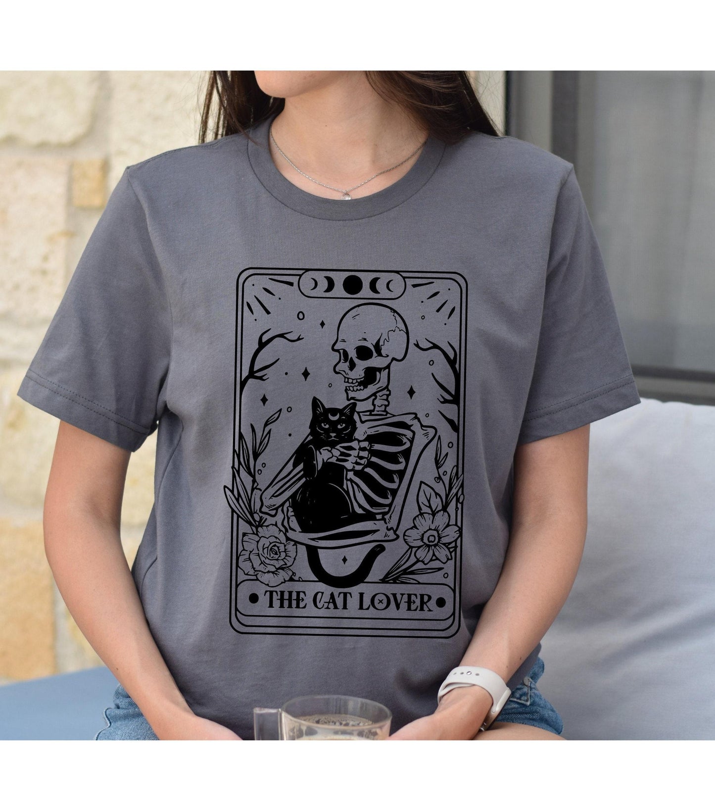 Tarot Card The Cat Lover Skeleton Womens Graphic T-Shirt