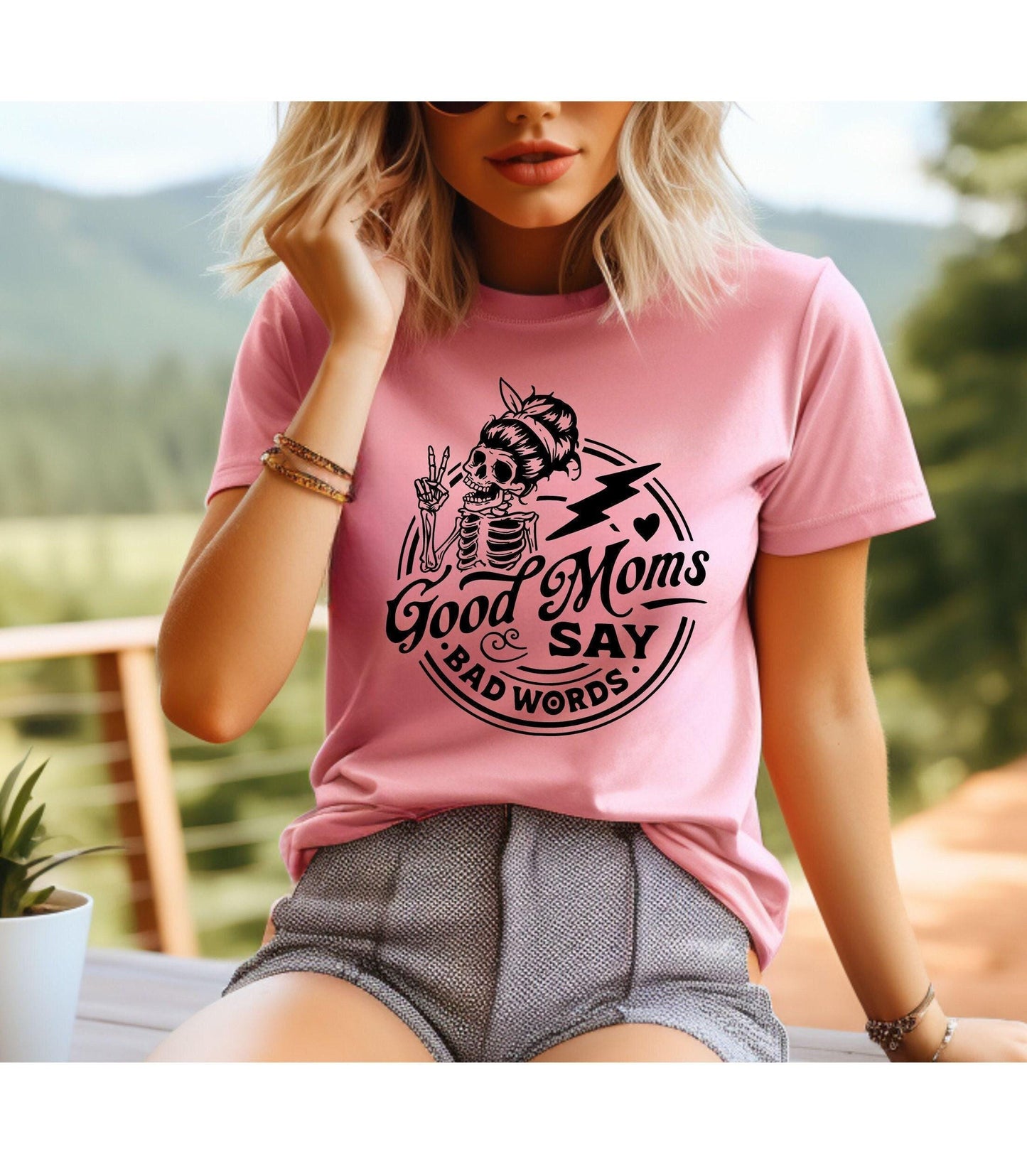 Good Moms Say Bad Words Skeleton Peace Sign Women's Graphic T-Shirt