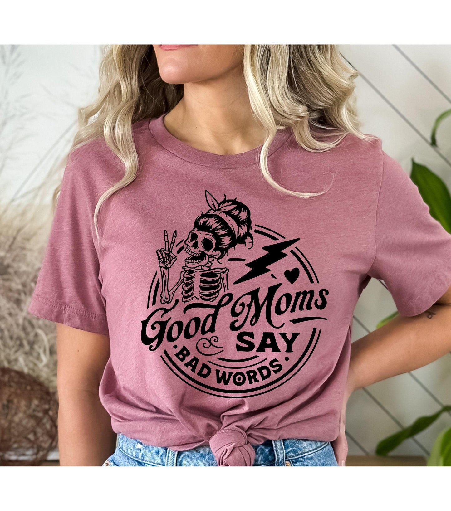 Good Moms Say Bad Words Skeleton Peace Sign Women's Graphic T-Shirt