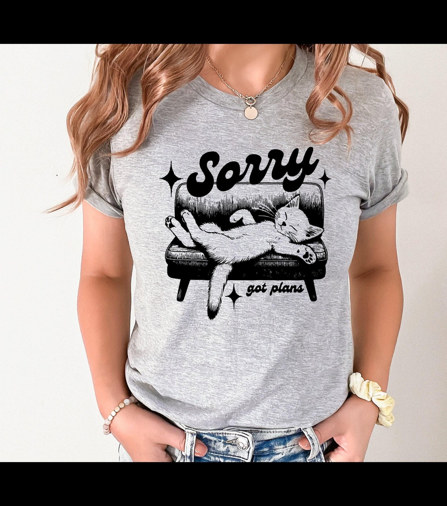 Sorry Got Plans Lazy Cat Graphic T-Shirt