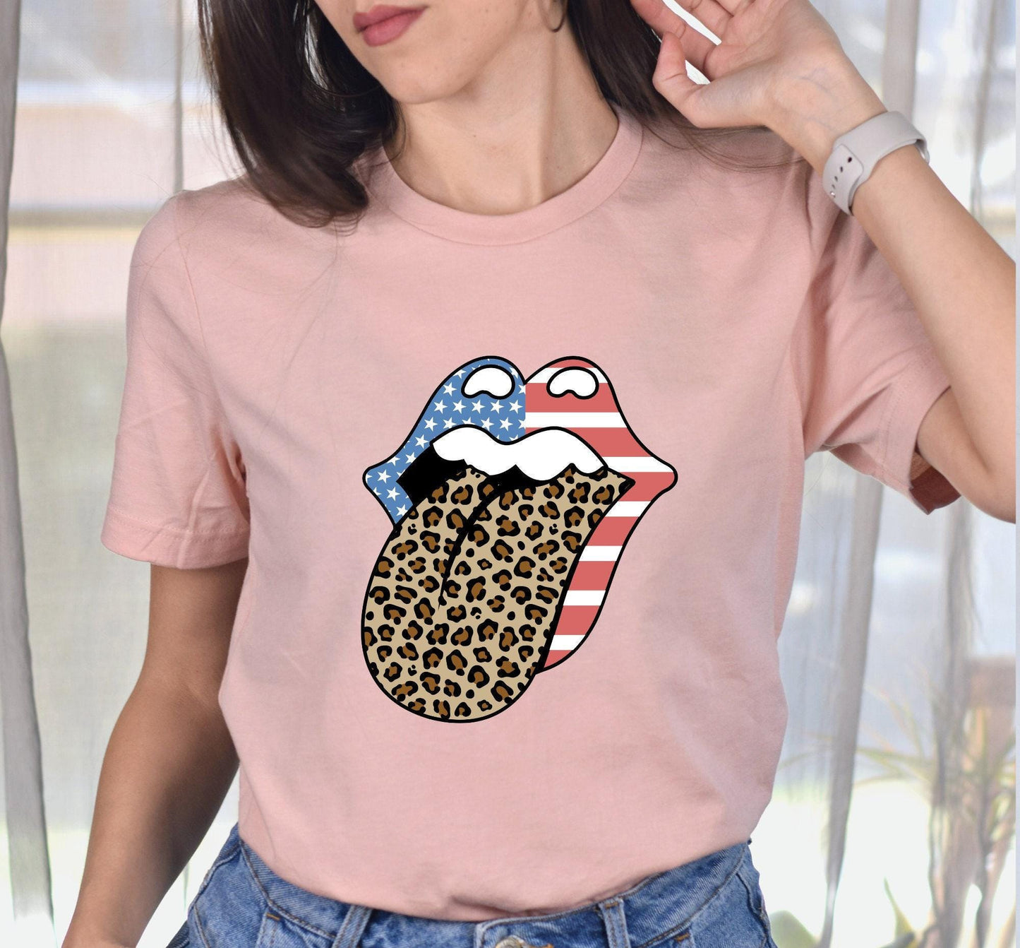 Leopard Print Tongue Red White And Blue American Flag July 4th Graphic T-Shirt
