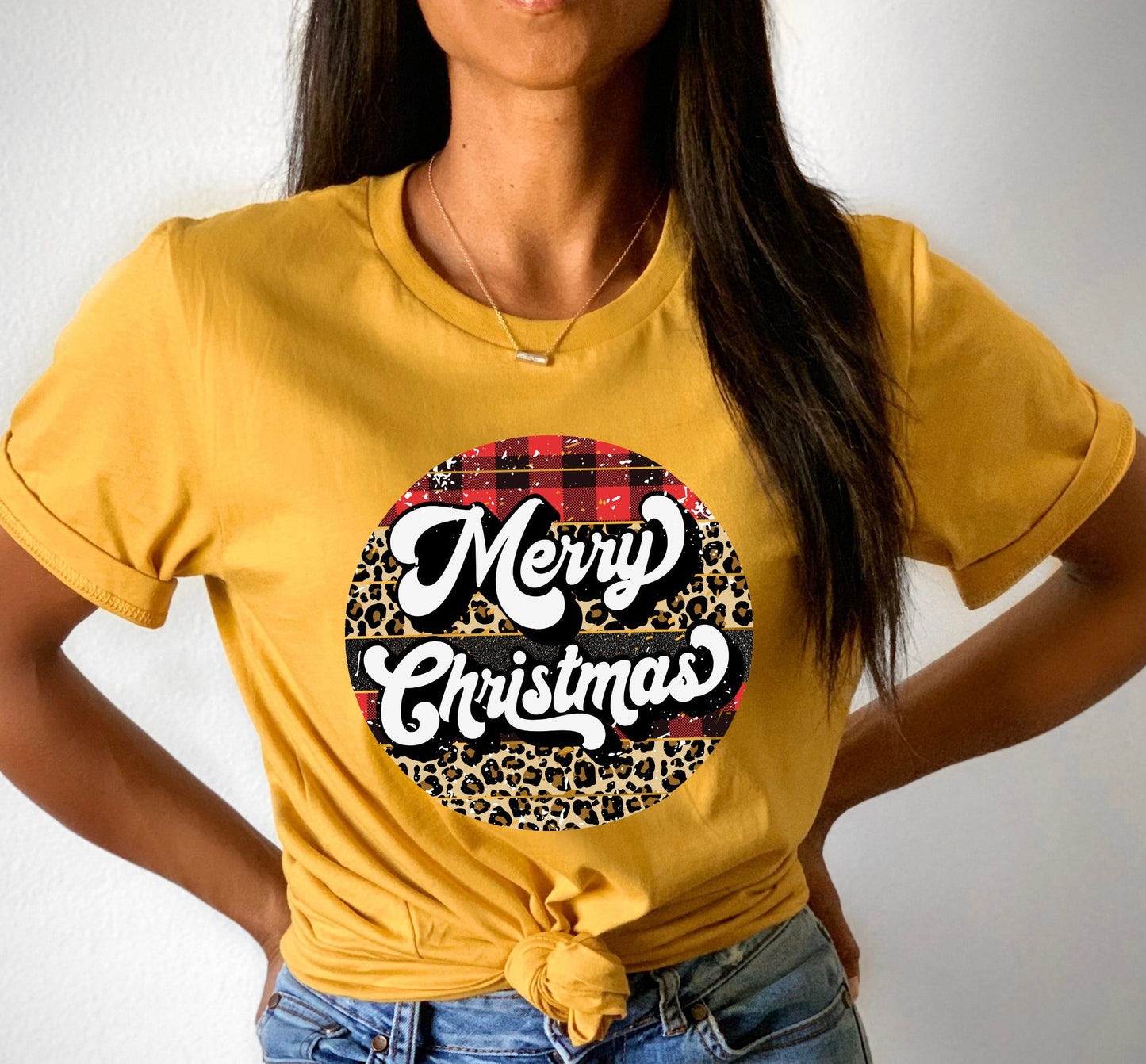 Merry Christmas Buffalo Plaid Leopard Print Letters Graphic T-Shirt