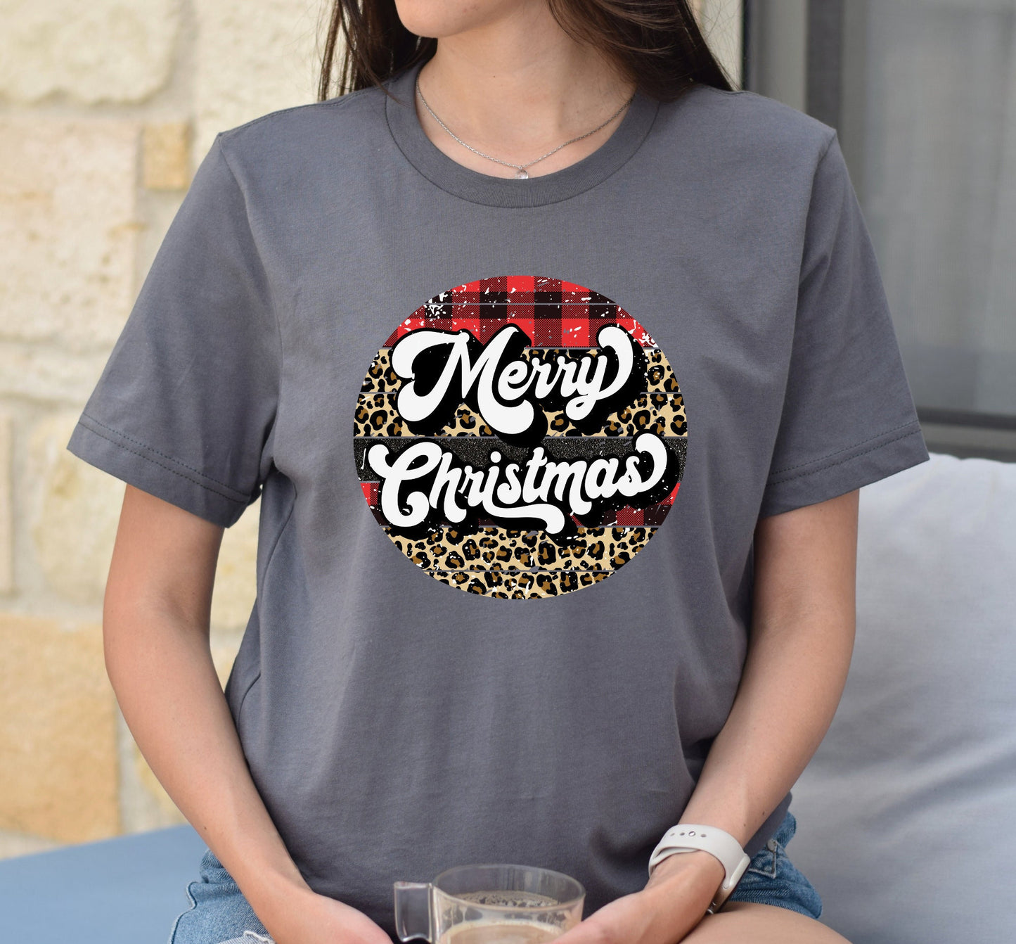 Merry Christmas Buffalo Plaid Leopard Print Letters Graphic T-Shirt