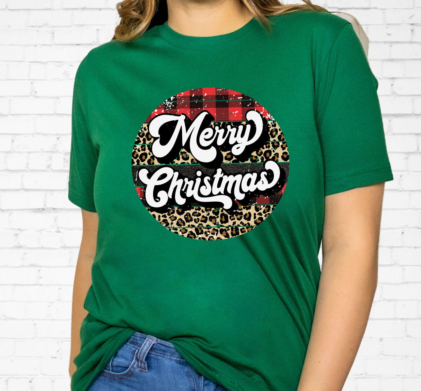 Merry Christmas Buffalo Plaid Leopard Print Letters Graphic T-Shirt