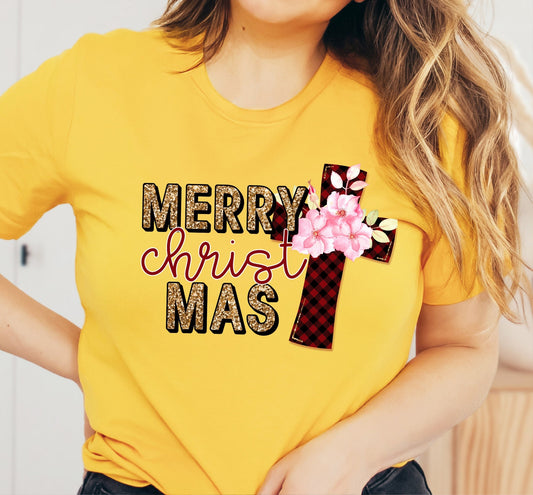 Merry Christmas Buffalo Plaid Cross Graphic T-Shirt