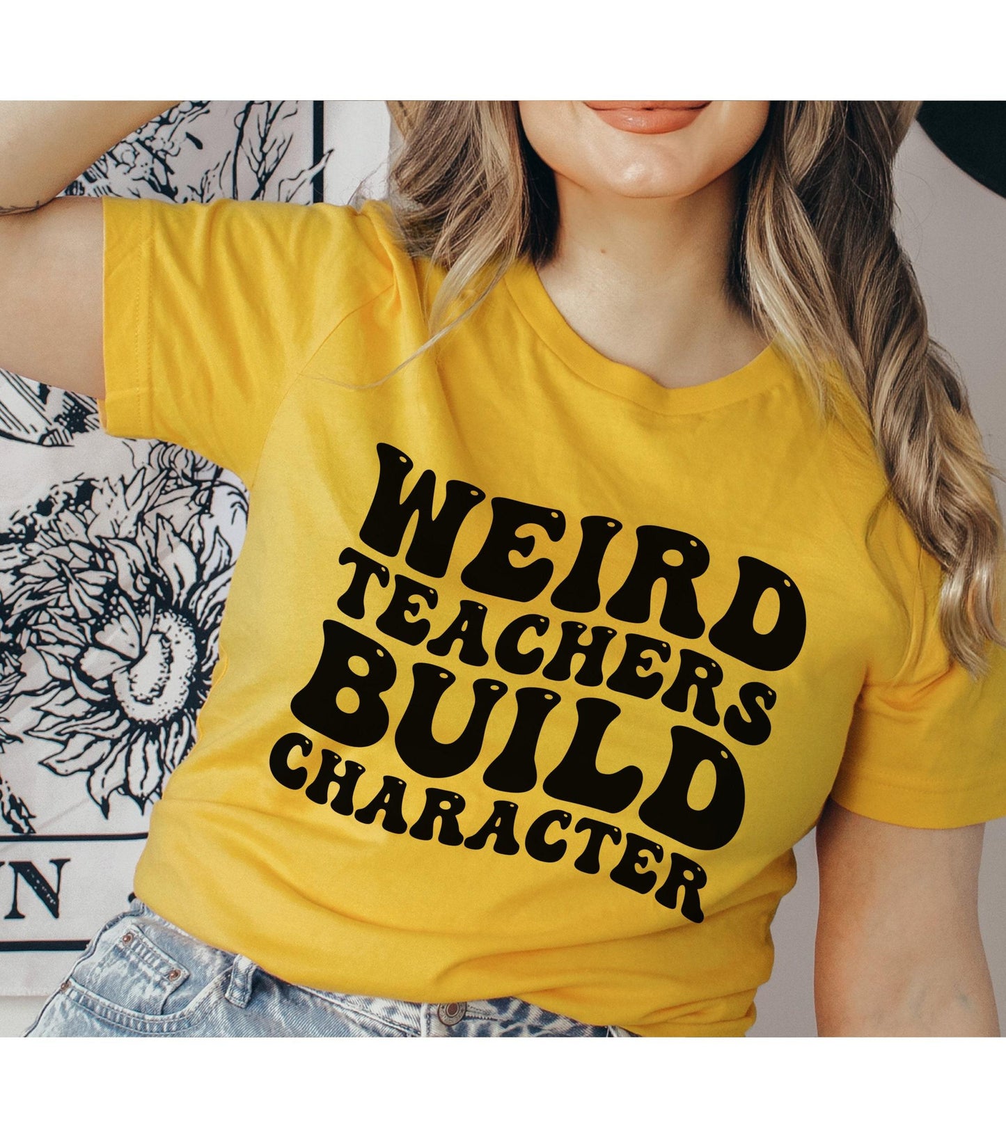 Weird Teachers Build Character Retro Wavy Text Graphic T-Shirt