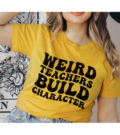 Weird Teachers Build Character Retro Wavy Text Graphic T-Shirt