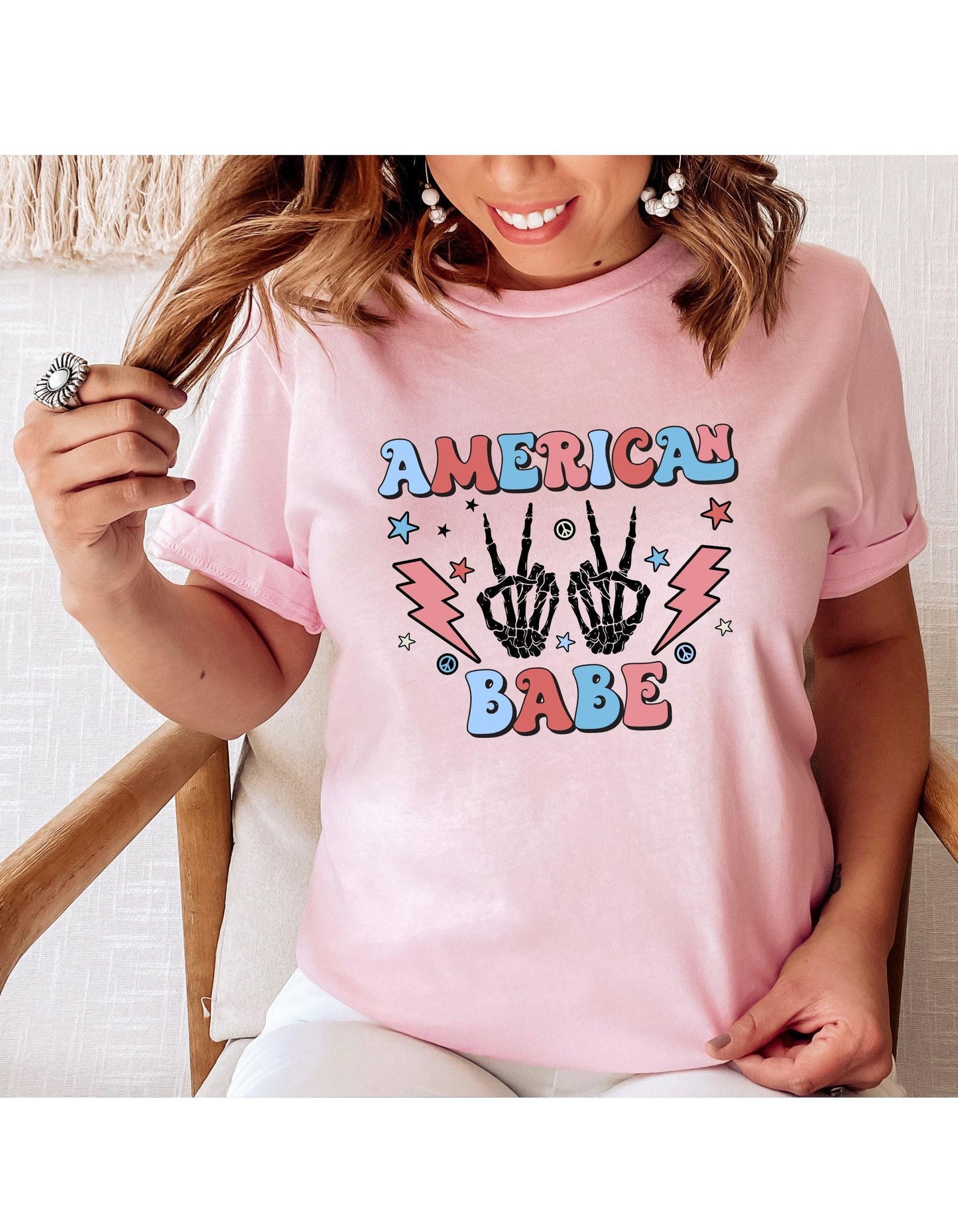 American Babe Skeleton Peace Sign July 4th Graphic T-Shirt