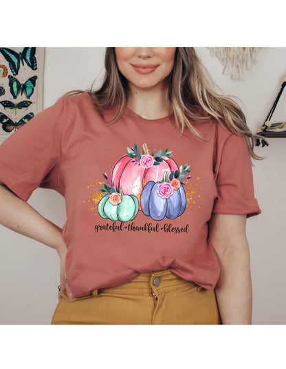 Grateful Thankful Blessed Pastel Watercolor Pumpkins Graphic T-Shirt