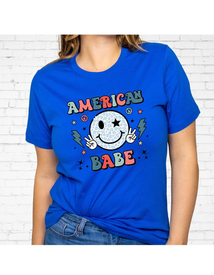 American Babe Peace Sign Smiley Face July 4th Graphic T-Shirt