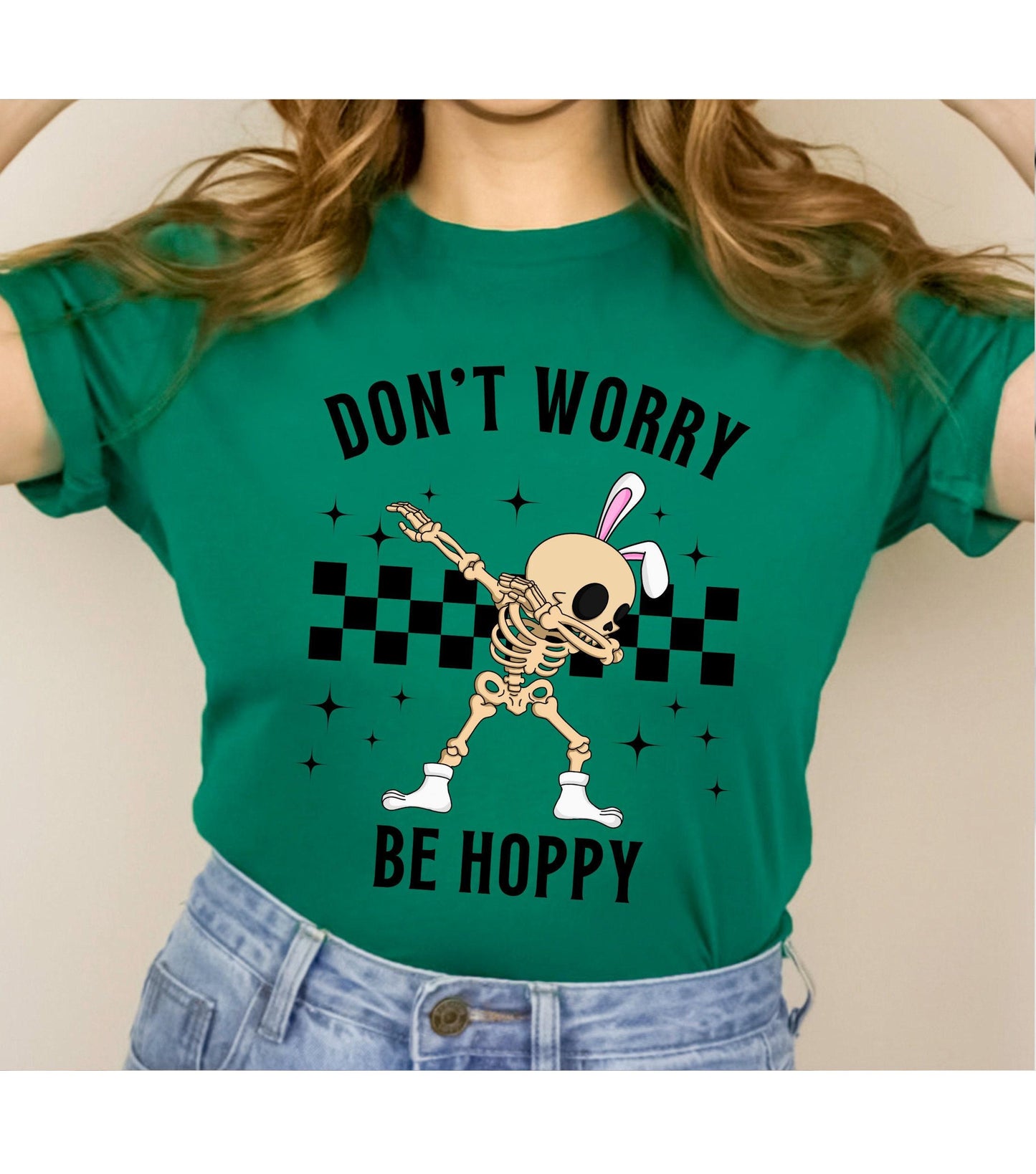 Don't Worry Be Hoppy Easter Bunny Skeleton Graphic T-Shirt