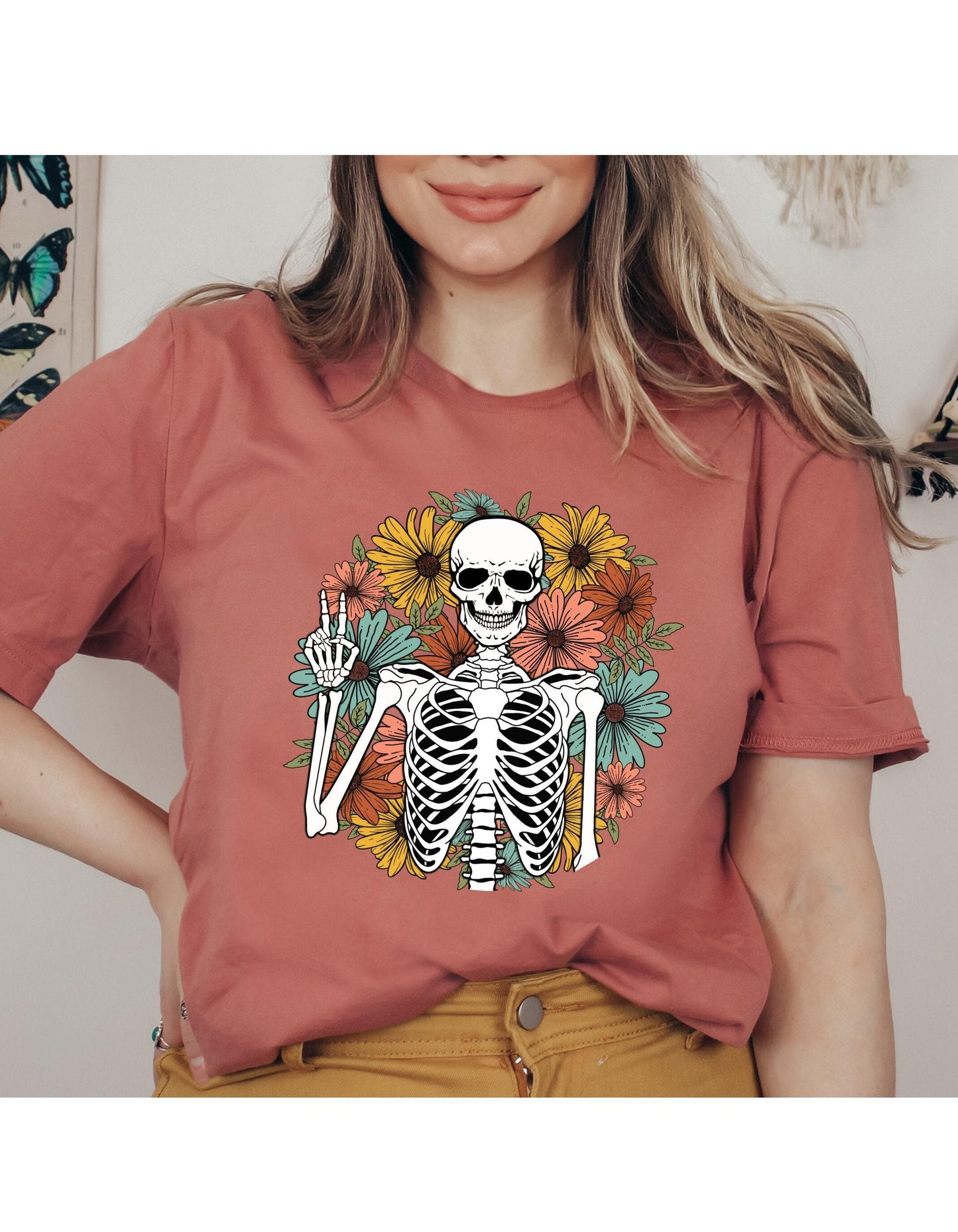 Floral Skeleton Peace Sign Women's Graphic T Shirt