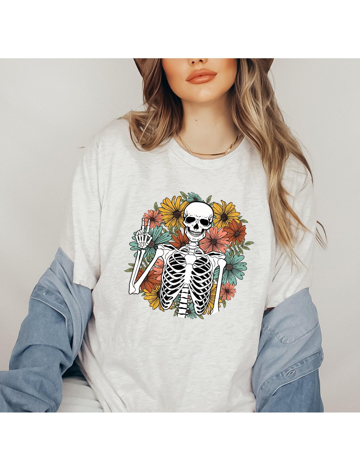 Floral Skeleton Peace Sign Women's Graphic T Shirt