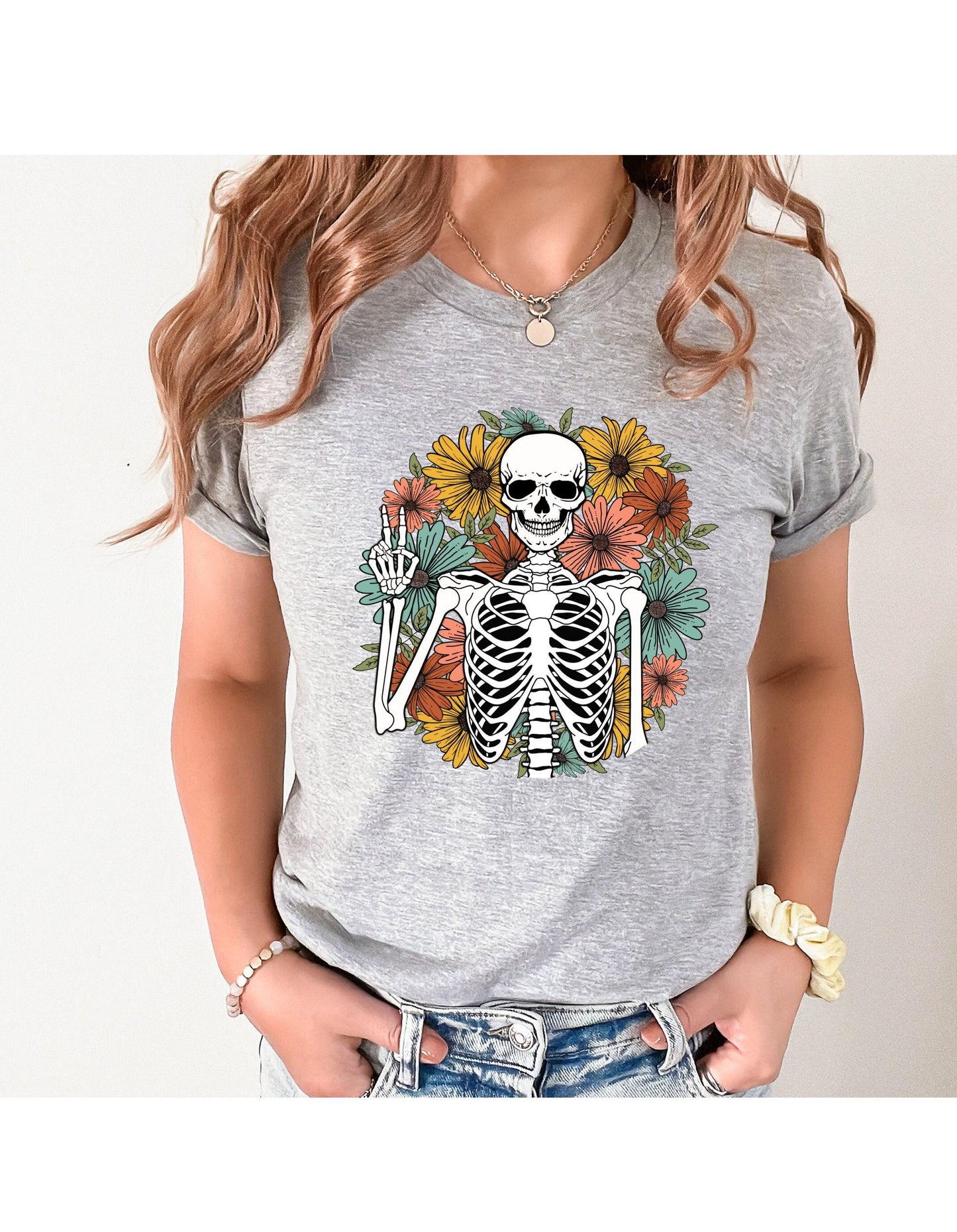 Floral Skeleton Peace Sign Women's Graphic T Shirt