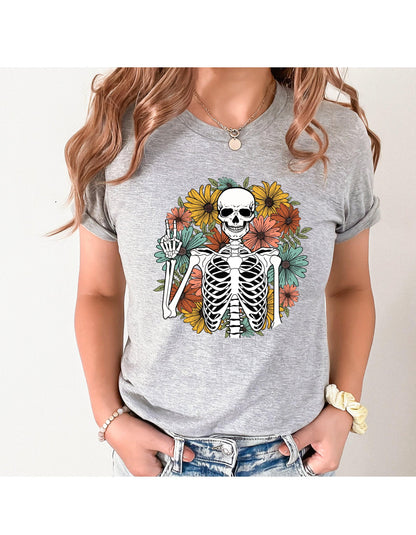 Floral Skeleton Peace Sign Women's Graphic T Shirt