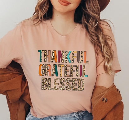 Thankful Grateful Blessed Leopard Print Letter Saying Graphic T-Shirt