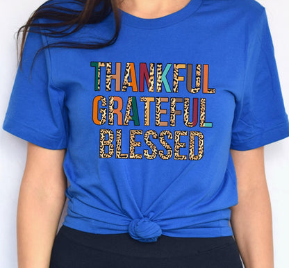 Thankful Grateful Blessed Leopard Print Letter Saying Graphic T-Shirt