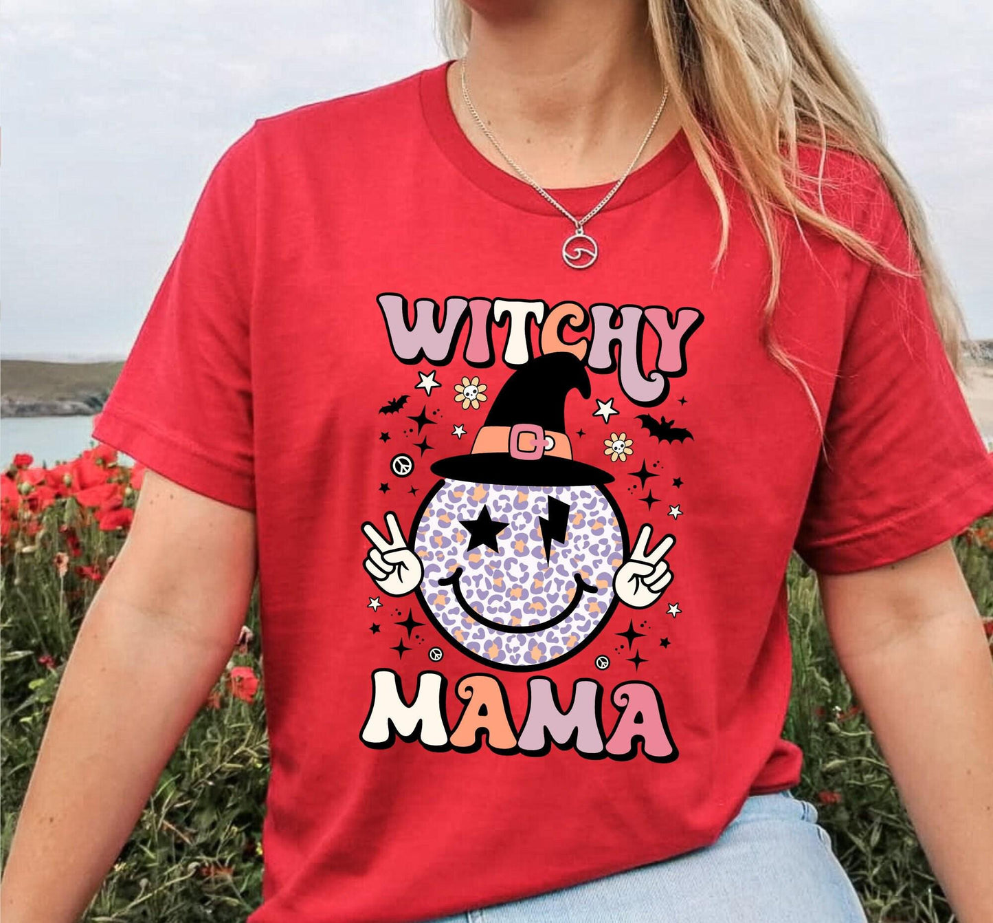 Witchy Mama Smiley Face Peace Sign Graphic T-Shirt