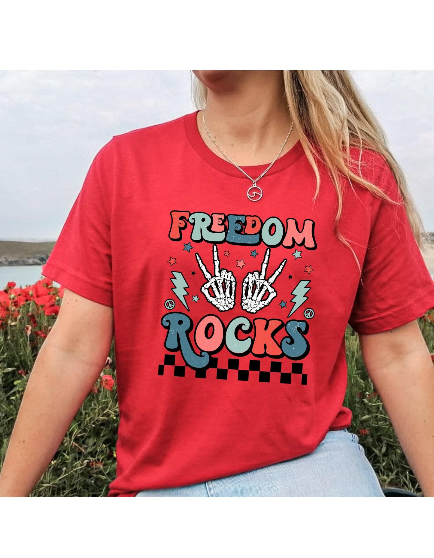 Freedom Rocks Skeleton Peace Sign Graphic T-Shirt