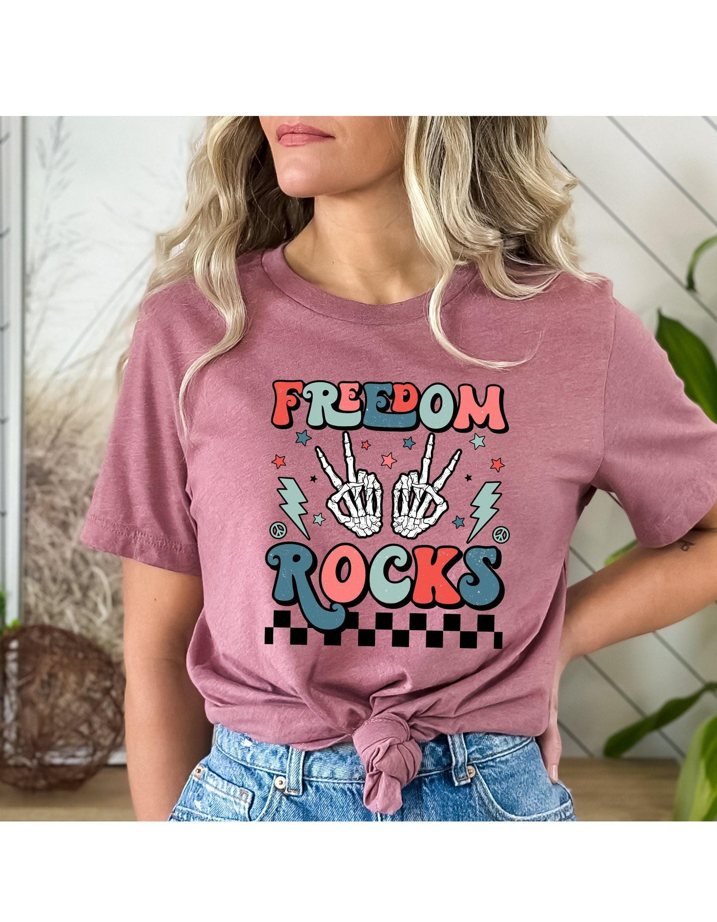 Freedom Rocks Skeleton Peace Sign Graphic T-Shirt