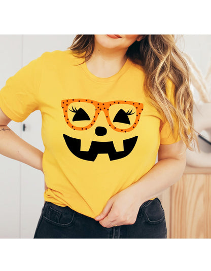 Cute Pumpkin Face Eyelashes And Glasses Women's Graphic T-Shirt