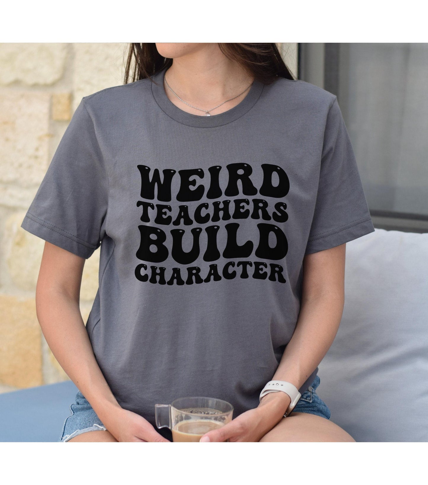 Weird Teachers Build Character Retro Wavy Text Graphic T-Shirt