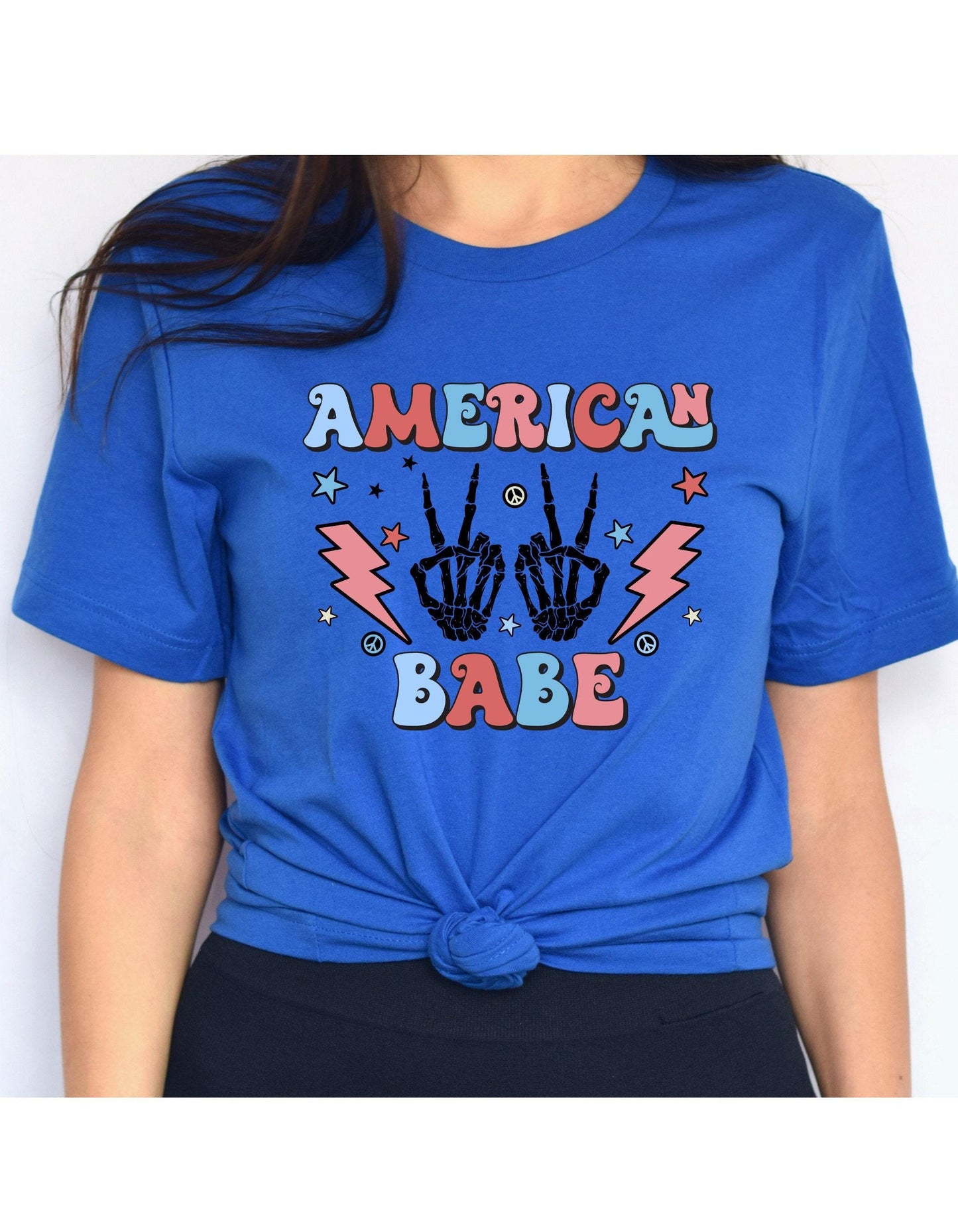 American Babe Skeleton Peace Sign July 4th Graphic T-Shirt