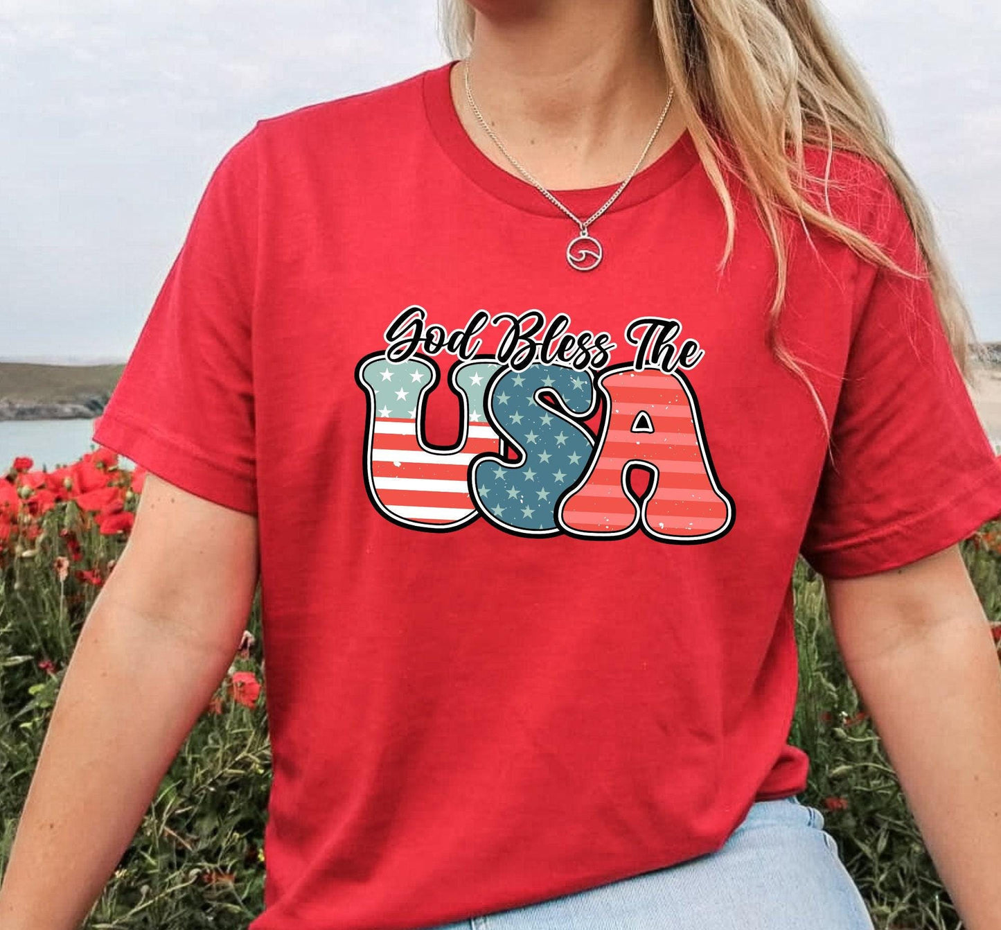 God Bless The USA Red White And Blue American Flag July 4th Graphic T-Shirt