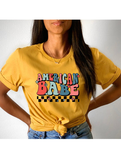 American Babe Peace Sign Checkerboard July 4th Graphic T-Shirt