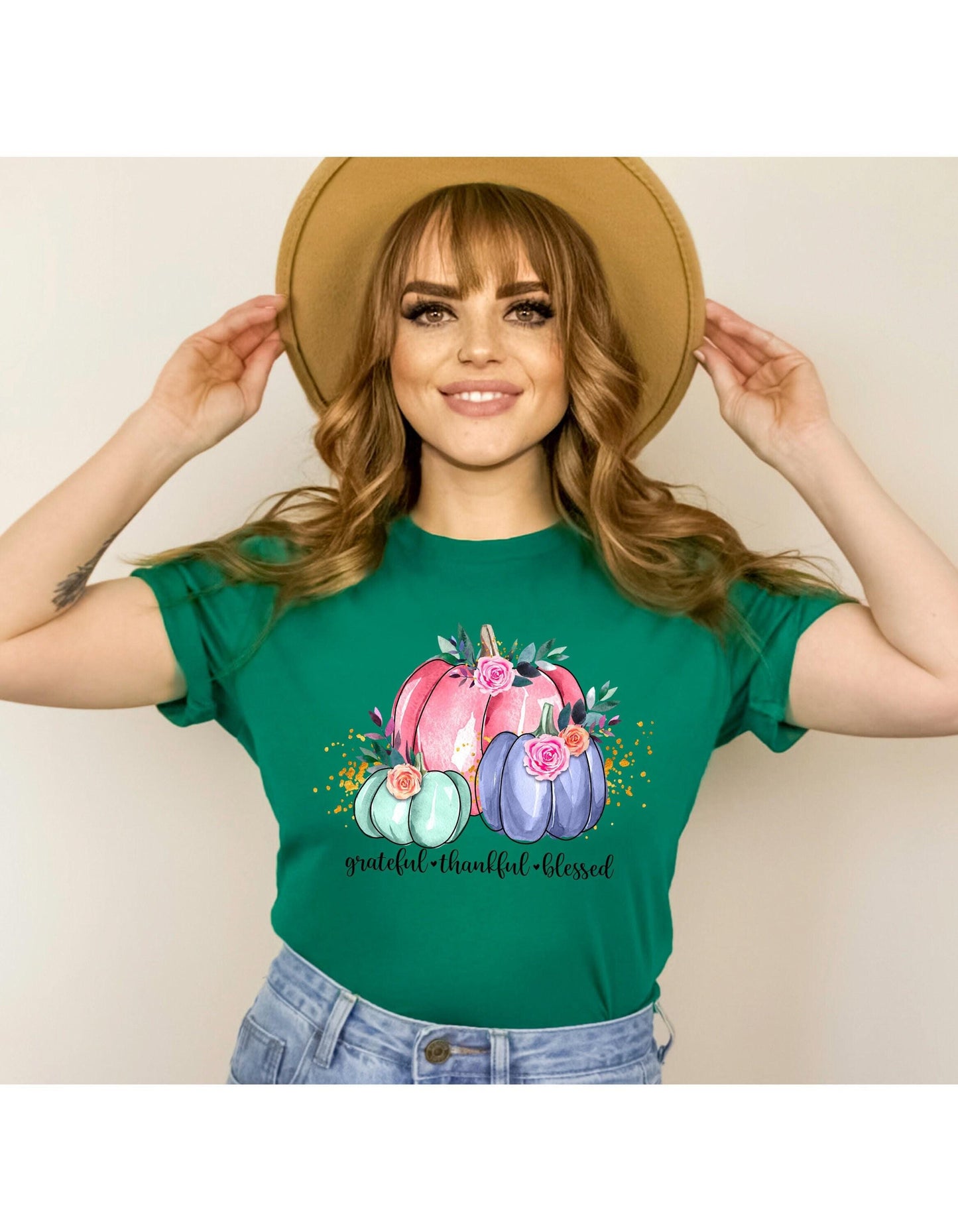 Grateful Thankful Blessed Pastel Watercolor Pumpkins Graphic T-Shirt