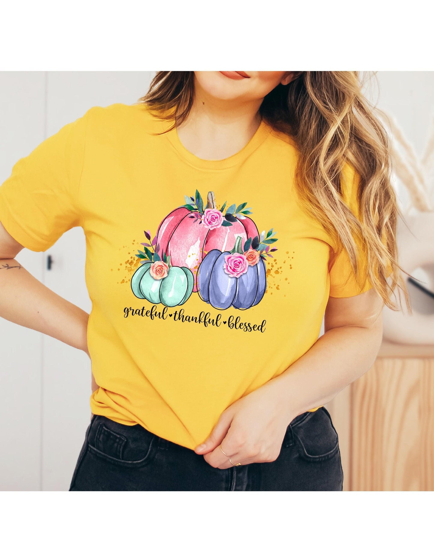 Grateful Thankful Blessed Pastel Watercolor Pumpkins Graphic T-Shirt