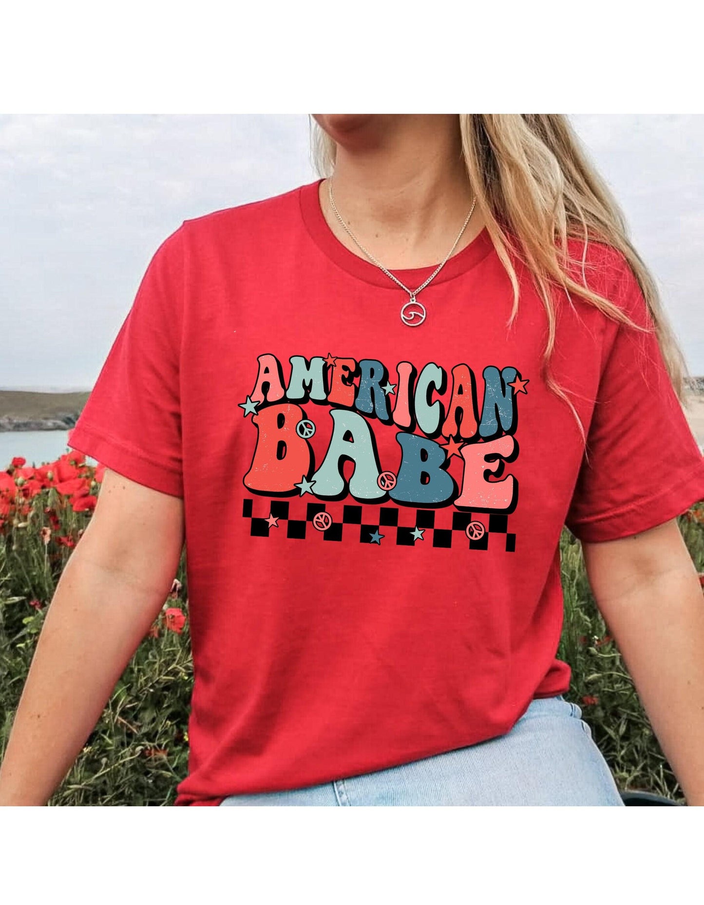 American Babe Peace Sign Checkerboard July 4th Graphic T-Shirt