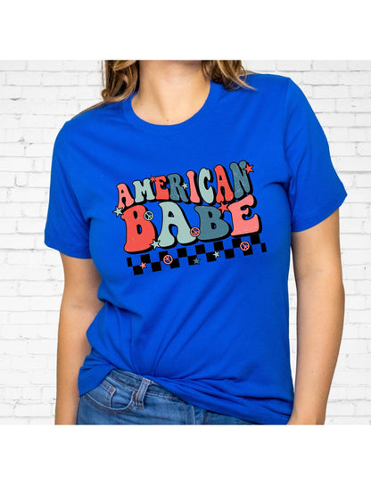 American Babe Peace Sign Checkerboard July 4th Graphic T-Shirt