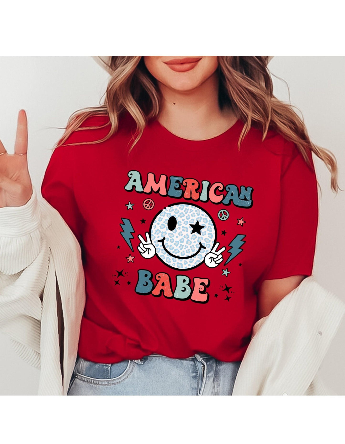 American Babe Peace Sign Smiley Face July 4th Graphic T-Shirt