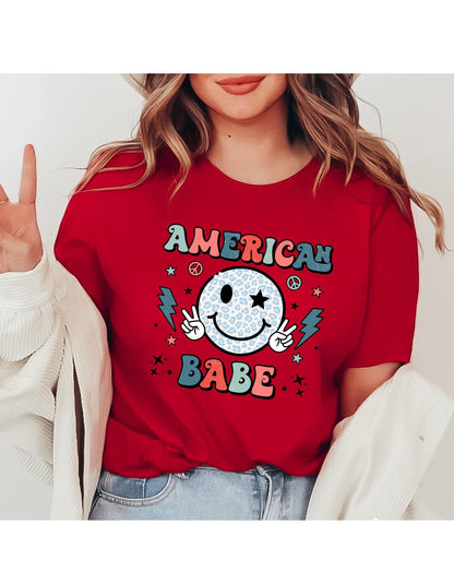 American Babe Peace Sign Smiley Face July 4th Graphic T-Shirt