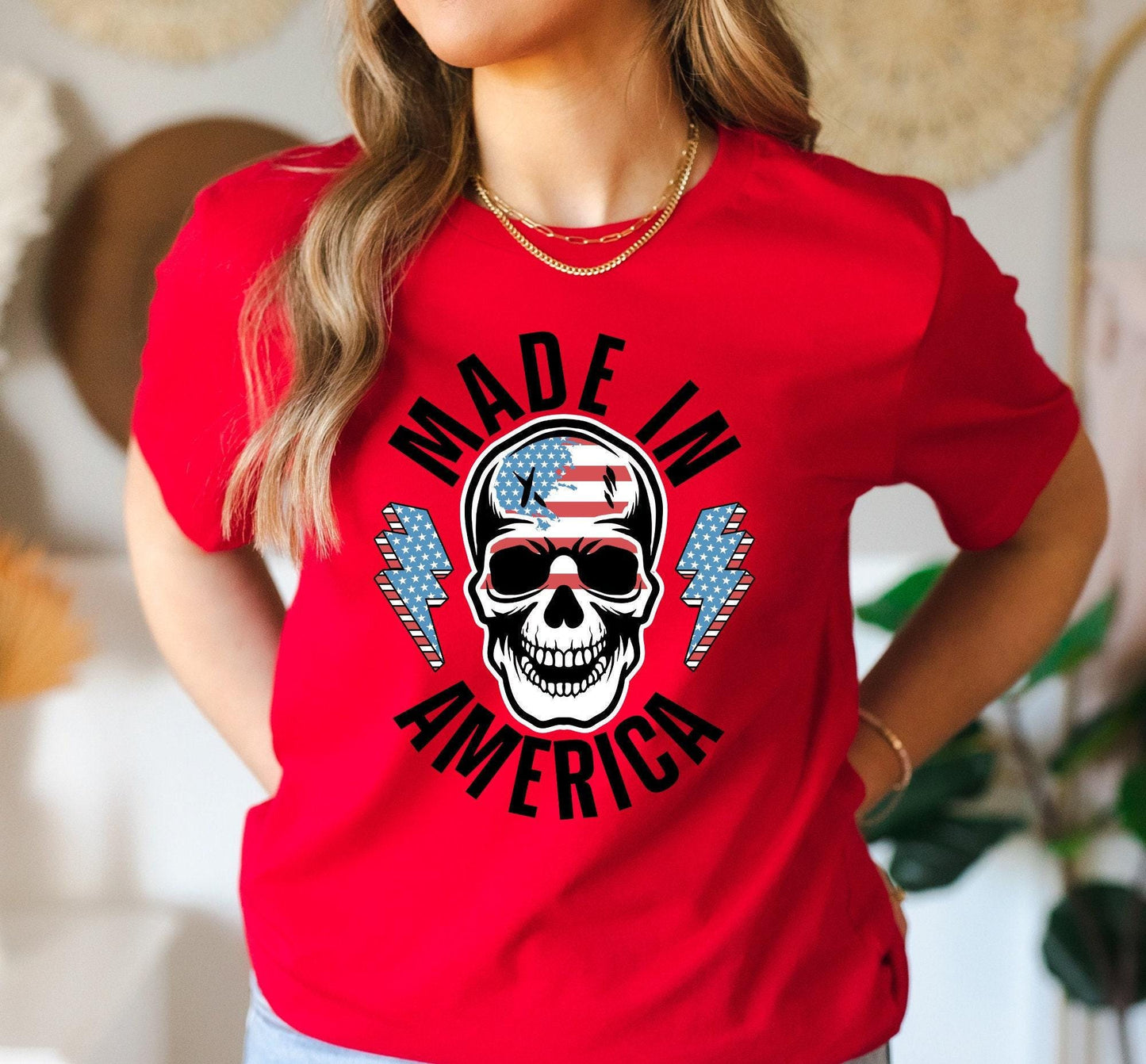Made In America Skeleton Lightning Bolt July 4th Graphic T-Shirt