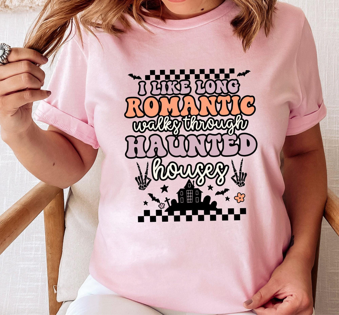 I Like Long Romantic Walks Through Haunted Houses Funny Graphic T-Shirt