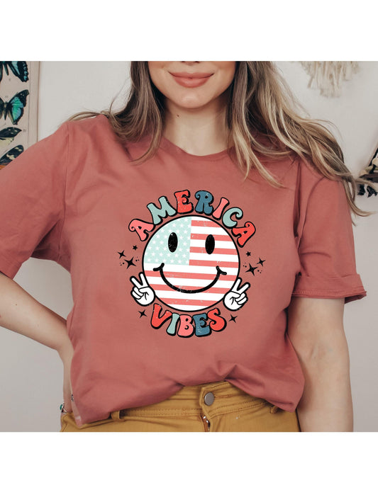 America Vibes Smiley Face Peace Sign Flag July 4th Graphic T-Shirt