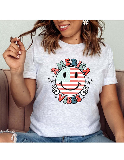 America Vibes Smiley Face Peace Sign Flag July 4th Graphic T-Shirt