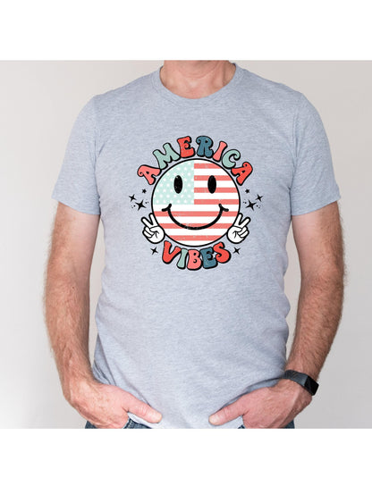 America Vibes Smiley Face Peace Sign Flag July 4th Graphic T-Shirt