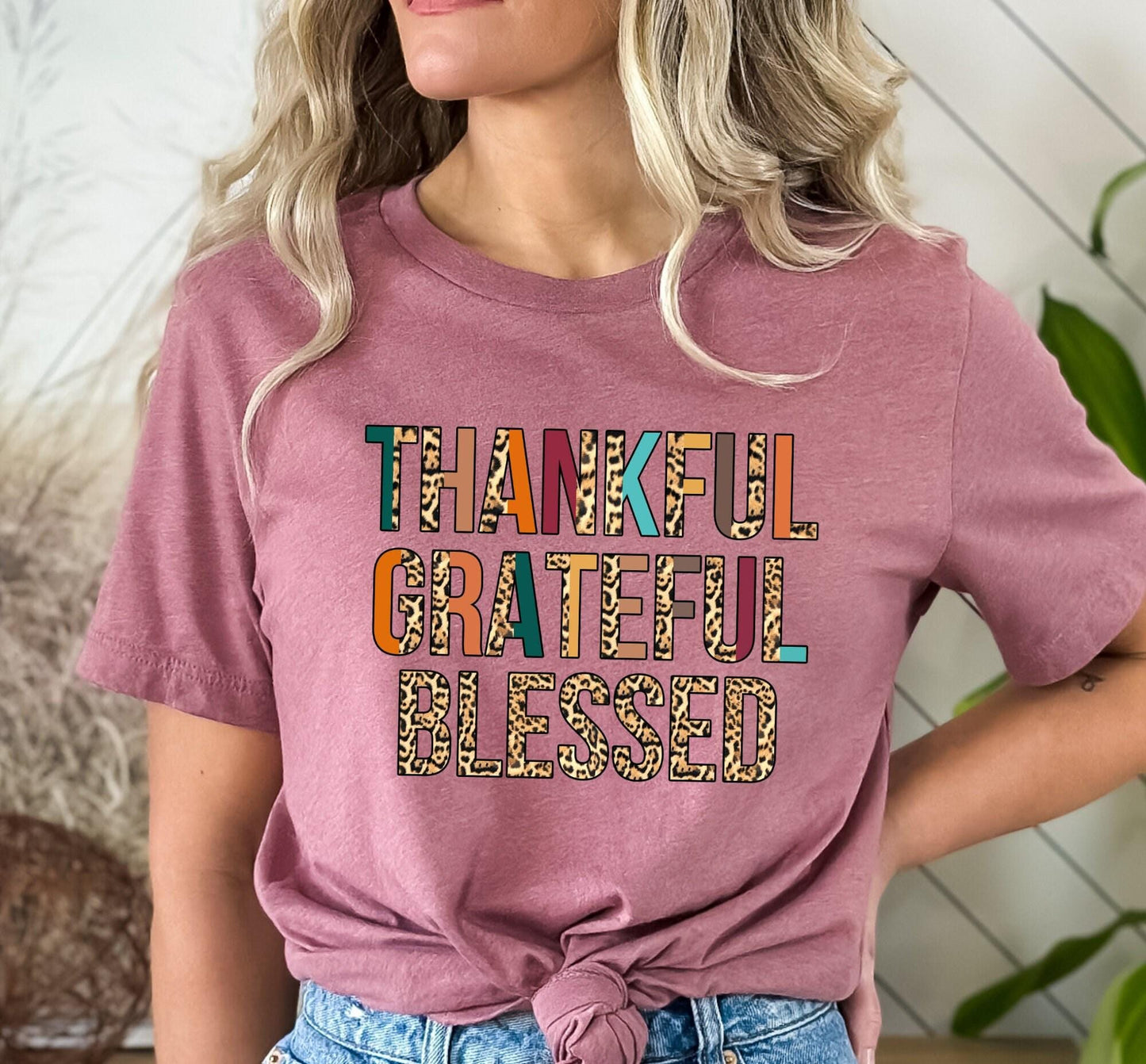 Thankful Grateful Blessed Leopard Print Letter Saying Graphic T-Shirt