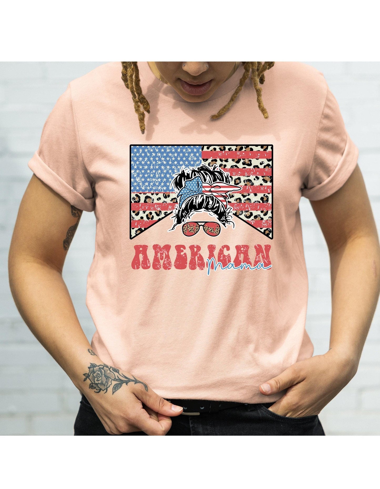 American Mama Stars Leopard Print July 4th Graphic T-Shirt